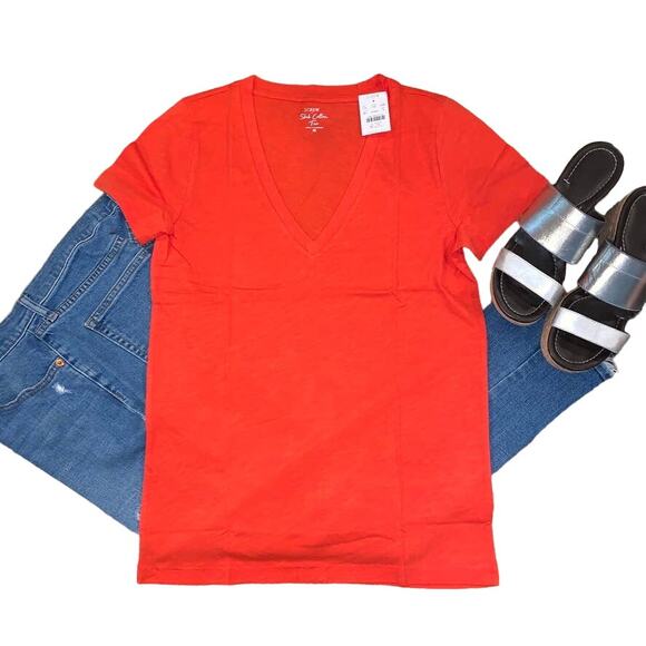 NWT J. Crew Brilliant Sunset Red/Orange Vintage Cotton V-Neck Tee - Picture 1 of 8